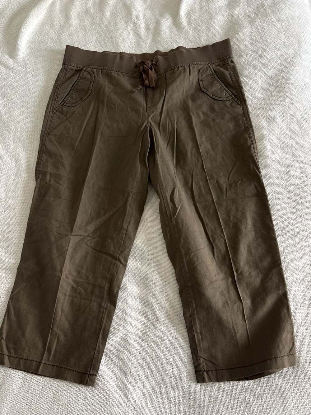 Faded Glory Women's Brown Linen-Blend Drawstring Waist Capri Pants Size 4
